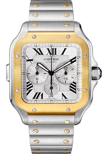 Cartier Santos de Cartier Stainless Steel and Yellow Gold 44.9 MM (Extra-Large Model) - Stainless Steel Bracelet - White Dial - W2SA0008