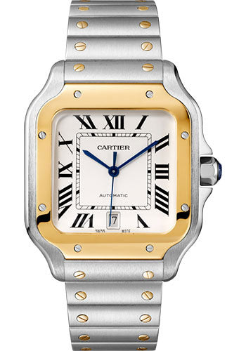 Cartier Santos de Cartier Stainless Steel and Yellow Gold 39.8 MM (Large Model) - Stainless Steel Bracelet - White Dial - W2SA0009