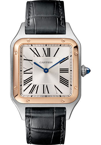 Cartier Santos de Cartier-Dumont Stainless Steel and Pink Gold 43.6 MM (Extra-Large Model) - Black Leather Strap - Silver Dial - W2SA0011