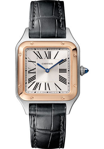 Cartier Santos de Cartier-Dumont Stainless Steel and Pink Gold 38 MM (Small Model) - Black Leather Strap - Silver Dial - W2SA0012