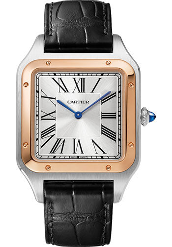 Cartier Santos de Cartier-Dumont Stainless Steel and Pink Gold 46.6 MM (Extra-Large Model) - Black Leather Strap - Silver Dial - W2SA0017