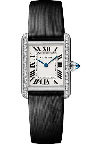 Cartier Tank Stainless Steel Diamond (Small Model) 27 MM - Black Leather Strap - Diamond Bezel - White Dial - W4TA0016