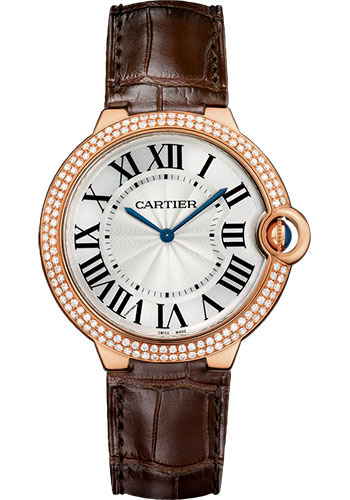 Cartier Ballon Bleu Rose Gold Diamonds 40 MM - Brown Leather Strap - White Dial - WE902055