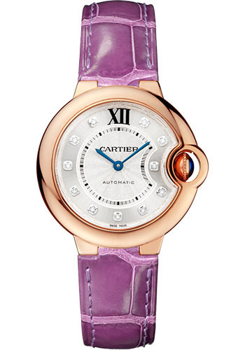 Cartier Ballon Bleu Rose Gold Diamonds 33 MM - Purple Leather Strap - White Diamond Dial - WE902063