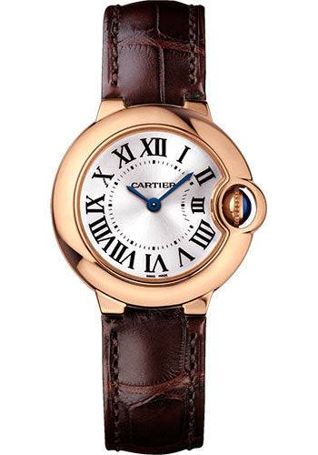 Cartier Ballon Bleu Pink Gold 28 MM - Brown Leather Strap - Silver Dial -WGBB0007