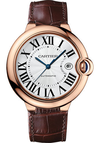 Cartier Ballon Bleu Pink Gold 42 MM - Brown Leather Strap - Silver Dial - WGBB0030