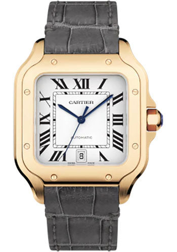 Cartier Santos de Cartier Rose Gold 39.8 MM (Large Model) - Grey Leather Strap - White Dial - WGSA0019