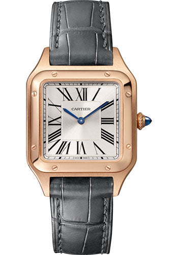 Cartier Santos de Cartier-Dumont Rose Gold 38 MM (Small Model) - Grey Leather Strap - Silver Dial - WGSA0022