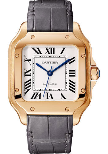 Cartier Santos de Cartier Rose Gold 35.1 MM (Medium Model) - Grey Leather Strap - Silver Dial - WGSA0028