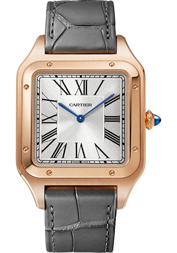 Cartier Santos de Cartier-Dumont Stainless Steel and Pink Gold 46.6 MM (Extra-Large Model) - Grey Leather Strap - Silver Dial - WGSA0032