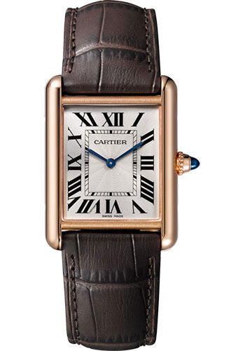 Cartier Tank Rose Gold (Large Model) 33 MM - Brown Leather Strap - Rose Gold Bezel - Silver Dial - WGTA0011