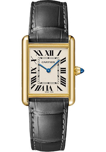 Cartier Tank Yellow Gold (Large Model) 33 MM - Dark Grey Leather Strap - Yellow Gold Bezel - Silver Dial - WGTA0067