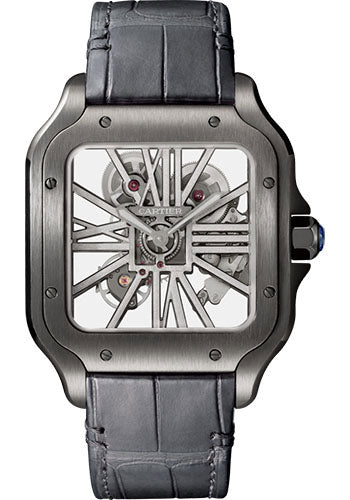 Cartier Santos de Cartier Stainless Steel 39.8 MM (Large Model) - Black Leather Strap - Skeleton Dial - WHSA0009