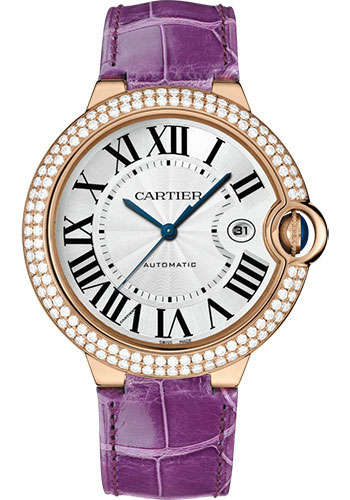 Cartier Ballon Bleu Rose Gold Diamonds 42 MM - Purple Leather Strap - White Dial - WJBB0031