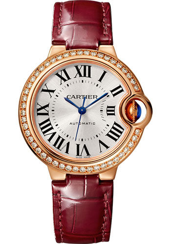 Cartier Ballon Bleu Pink Gold 33 MM - Burgundy Leather Strap - White Dial - WJBB0033