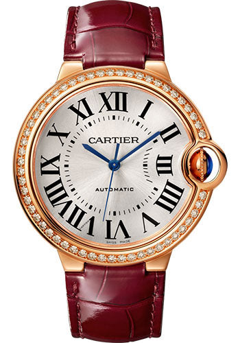 Cartier Ballon Bleu Rose Gold 36 MM - Burgundy Leather Strap - Silvered Sunray Dial - WJBB0034