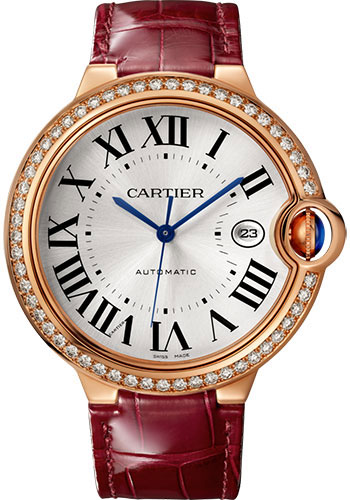 Cartier Ballon Bleu Rose Gold 42 MM - Burgundy Leather Strap - White Dial - WJBB0035