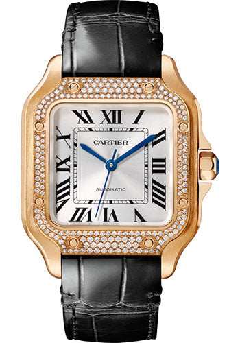 Cartier Santos de Cartier Rose Gold 35.1 MM (Medium Model) - Black leather Strap - Silver Dial - WJSA0012