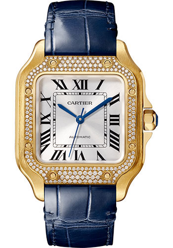 Cartier Santos de Cartier Yellow Gold 35 MM (Large Model) - Blue Leather Strap - Silver Satin Dial - WJSA0013