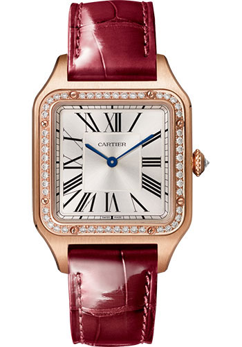 Cartier Santos de Cartier-Dumont Pink Gold 39 MM (Large Model) - Bordeaux Leather Strap - Silver Satin Dial - WJSA0016