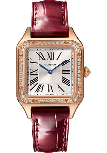 Cartier Santos de Cartier-Dumont Pink Gold 38 MM (Large Model) - Burgundy Leather Strap - Silver Satin Dial - WJSA0017