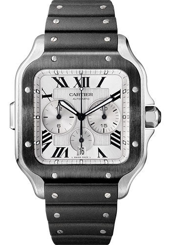 Cartier Santos de Cartier Stainless Steel 43.3 MM (Large Model) - Black Rubber Strap - Silver Dial - WSSA0017