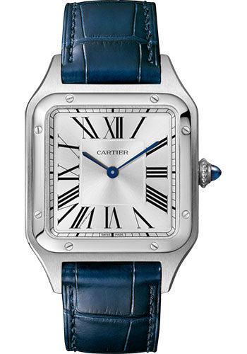 Cartier Santos-Dumont Stainless Steel 43.5 MM (Large Model) - Blue leather Strap - Silver Dial - WSSA0022