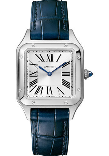 Cartier Santos de Cartier-Dumont Stainless Steel 38 MM (Small Model) - Blue Leather Strap - White Dial - WSSA0023