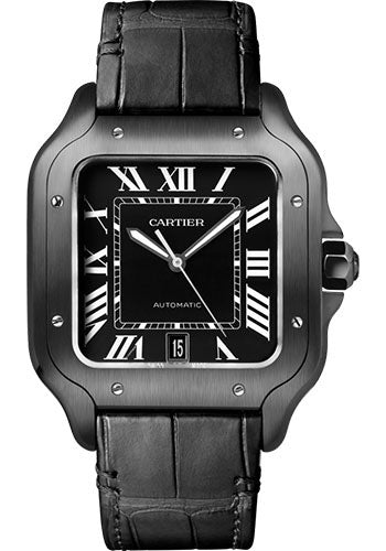 Cartier Santos de Cartier Stainless Steel 39.8 MM (Large Model) - Black Leather Strap - Black Dial - WSSA0039