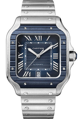 Cartier Santos de Cartier Stainless Steel 39.8 MM (Large Model) - Stainless Steel Bracelet - Blue Dial - WSSA0048