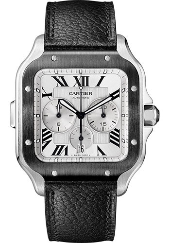 Cartier Santos de Cartier Chronograph Stainless Steel 43 MM - Black Leather Strap - Silver Dial - WSSA0052