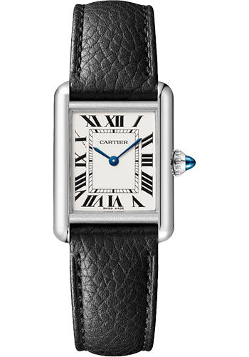 Cartier Tank Stainless Steel (Small Model) 29 MM - Black Leather Strap - Stainless Steel Bezel - White Dial - WSTA0042