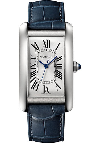 Cartier Tank Stainless steel (Large Model) 45 MM - Blue Leather Strap - Stainless Steel Bezel - Silver Dial - WSTA0045