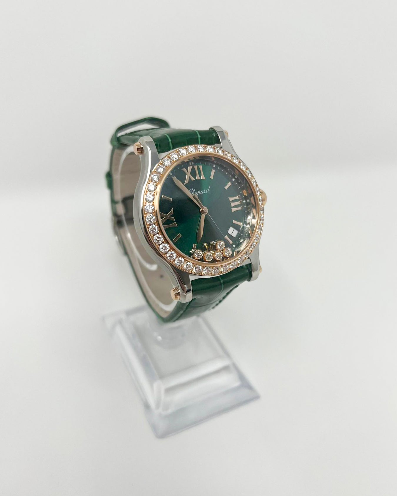 Chopard Happy Sport Stainless Steel and Rose Gold 36 MM - Green Leather Strap - Rose Gold Diamond Bezel - Green Floating Diamond Dial - 278582-6007