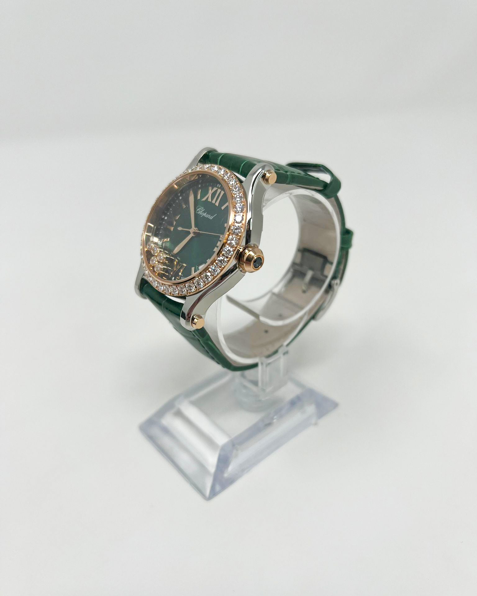 Chopard Happy Sport Stainless Steel and Rose Gold 36 MM - Green Leather Strap - Rose Gold Diamond Bezel - Green Floating Diamond Dial - 278582-6007