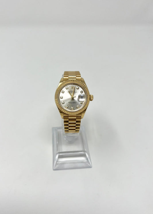 Rolex Yellow Gold Lady-Datejust - 28 MM - Presidential Bracelet - Fluted Bezel - Silver Diamond Dial - 279178 sdp