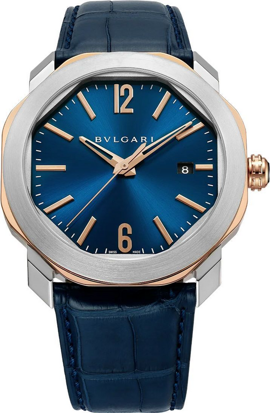 Bvlgari Octo Roma - Stainless Steel And Rose Gold 41 MM - Blue Leather Strap - Blue Dial - Stainless Steel Bezel - 103205