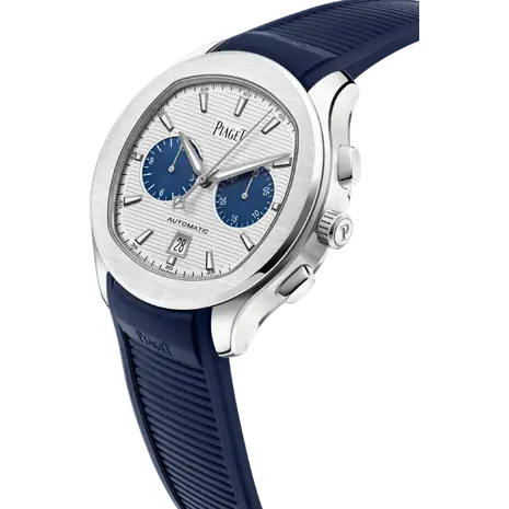 Piaget Polo Chronograph - Stainless Steel 42 MM - Blue Leather Strap - White Dial - Stainless Steel Bezel - G0A46013