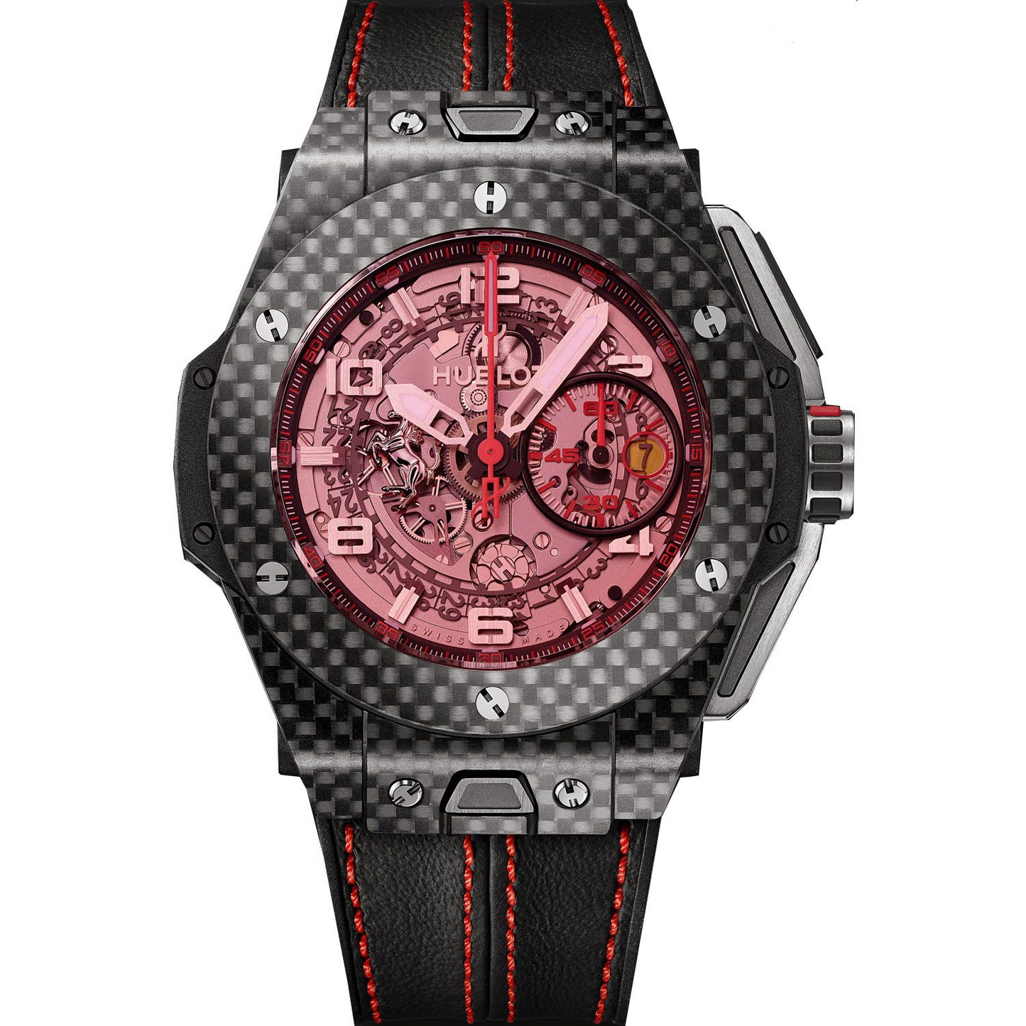 Hublot Big Bang Ferrari Carbon Red Magic 45 MM - Black Leather Strap  - Red Skeleton Dial - 401.QX.0123.VR