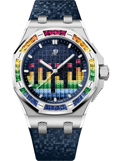 Audemars Piguet Royal Oak Offshore White Gold Selfwinding Music Edition 37 MM - Blue Rubber Strap - Blue Rainbow Dial - 77601BC.YY.D343CA.01