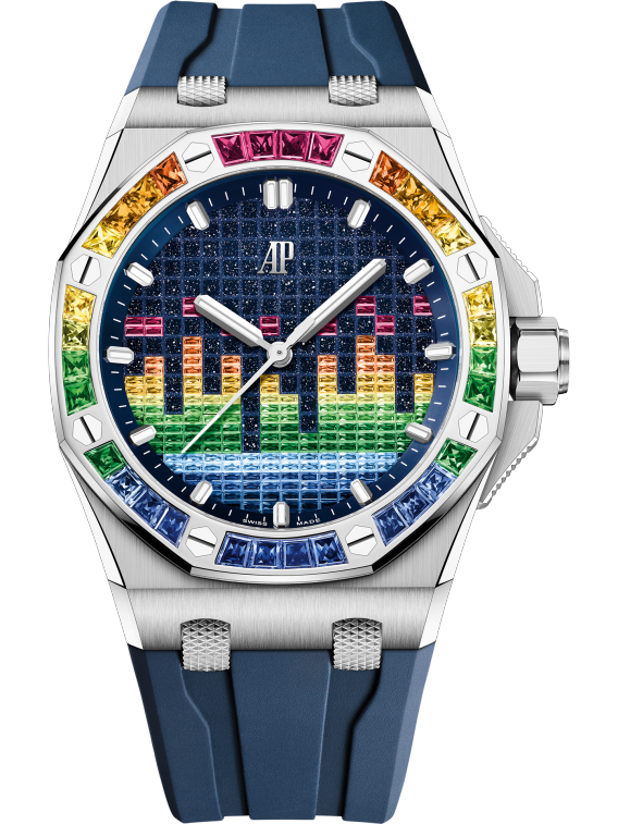 Audemars Piguet Royal Oak Offshore White Gold Selfwinding Music Edition 43 MM - Blue Rubber Strap - Blue Rainbow Dial - 15601BC.YY.D343CA.01