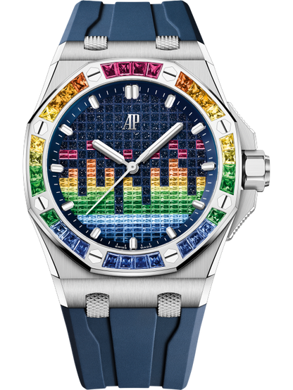 Audemars Piguet Royal Oak Offshore White Gold Selfwinding Music Edition 43 MM - Blue Rubber Strap - Blue Rainbow Dial - 15601BC.YY.D343CA.01