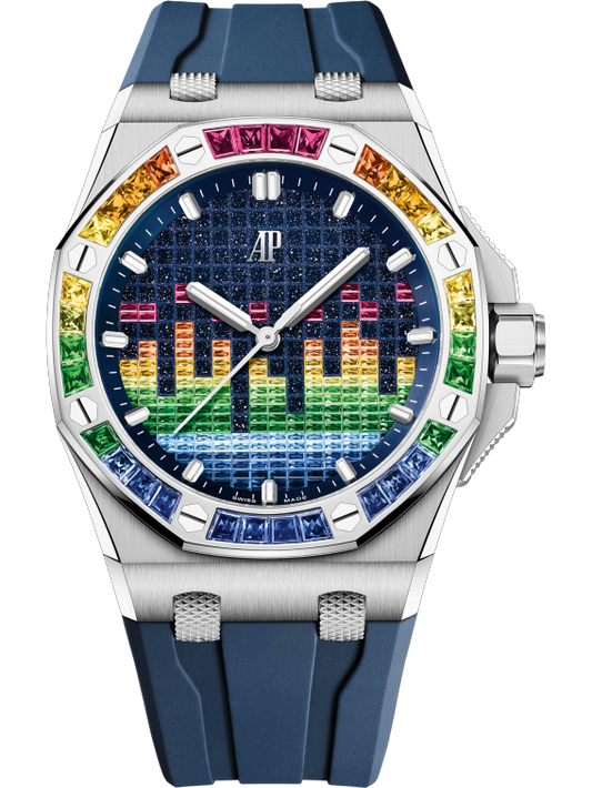 Audemars Piguet Royal Oak Offshore White Gold Selfwinding Music Edition 43 MM - Blue Rubber Strap - Blue Rainbow Dial - 15601BC.YY.D343CA.01